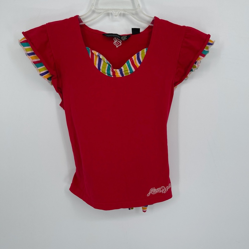 Rocawear Kids Girls Y2K Red Striped Ruffle Sleeve Tie Back Top Blouse Size XL 16